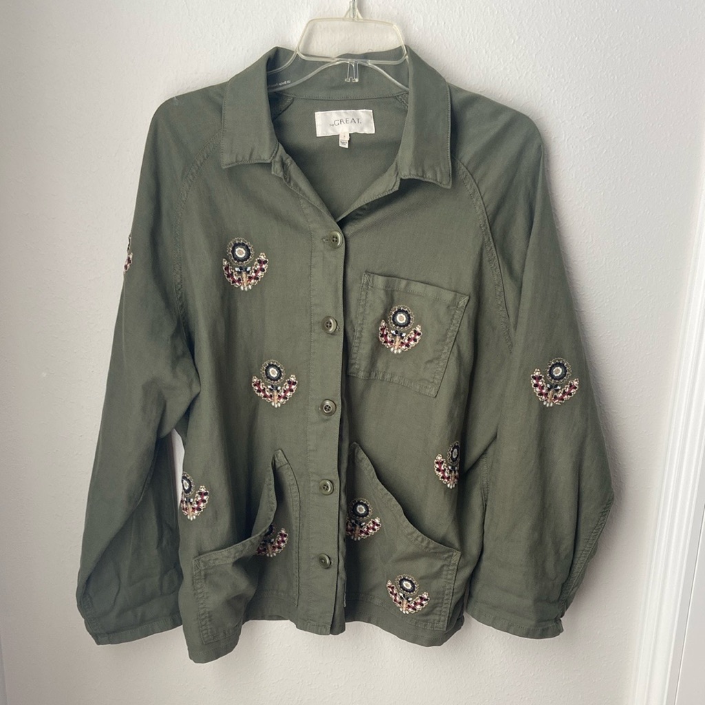 The Great Field Jacket Womens Size 1 Embroidered Military Button Up Olive